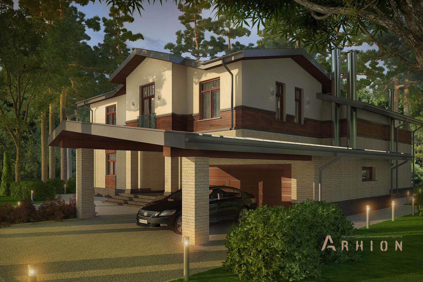 4. Проект двухэтажного дома в скандинавском стиле с многоскатной кровлей, av-385, площадью - 385 кв c терассой, балконом, гаражом